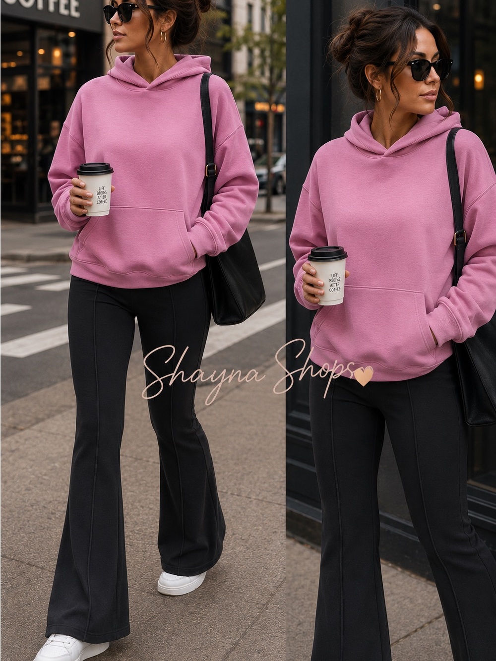Bright Mauve Scuba Hoodie Black Pintuck Flare Pants Curated Set